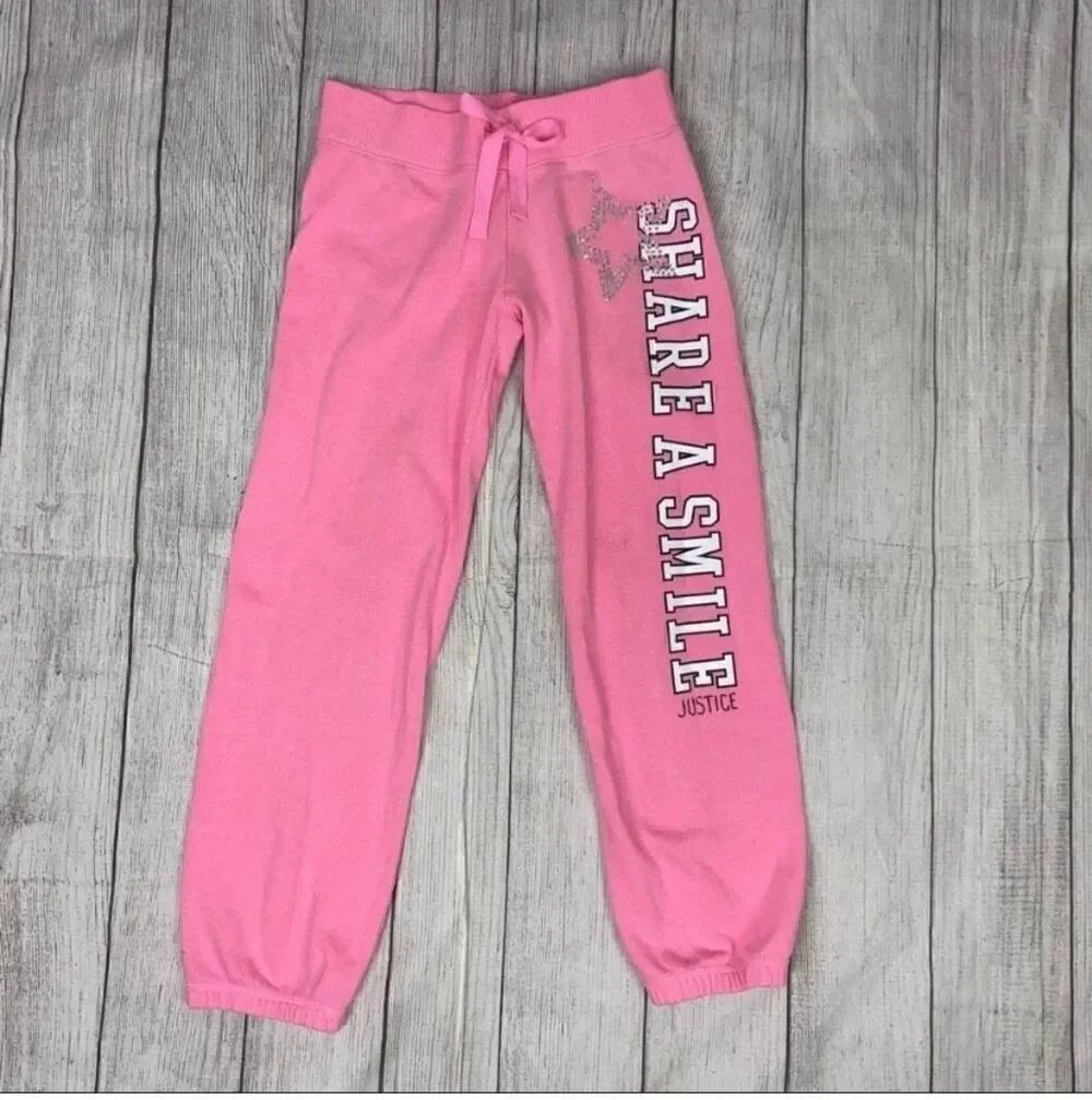 Justice youth girls 10 elastic ankle hem pull on graphic print sweatpants pink